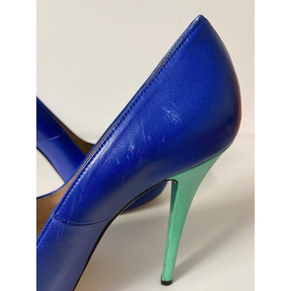 Stuart Weitzman Victoria Pump Ultramar Blue Colorblock Peep Toe Leather … - Picture 9 of 12